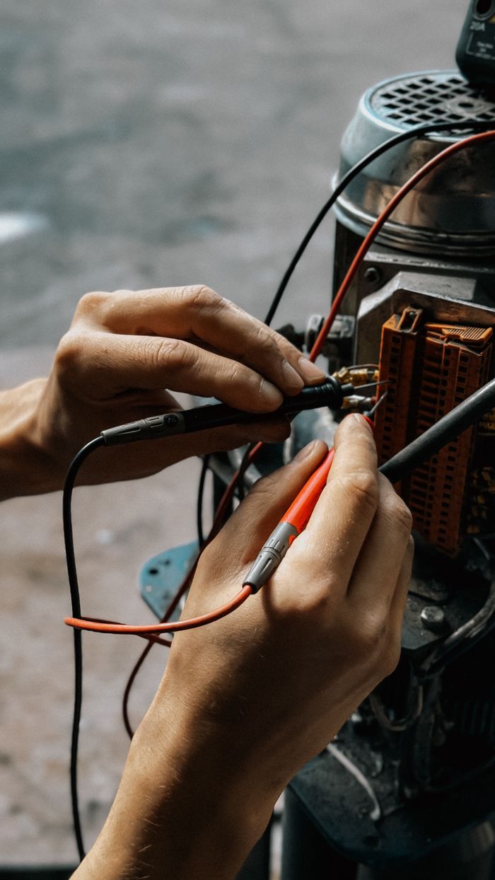 about-us-01 Close-up of hands using multimeter on motor wires. Precision in electrical testing.